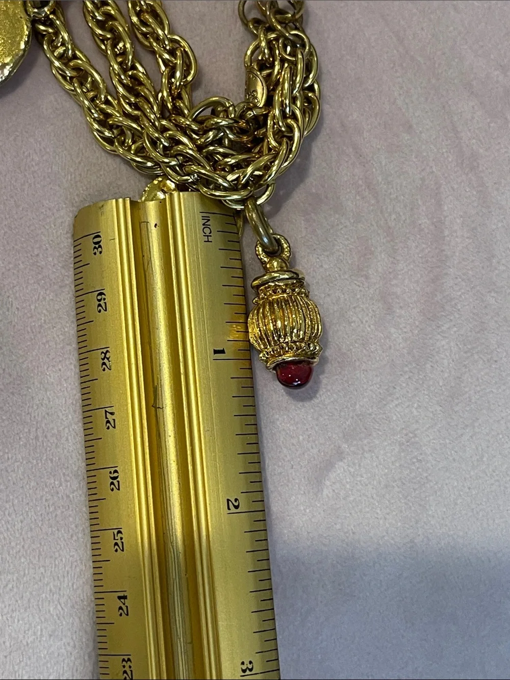 CHANEL Gold-Tone Double Chain Charm Bracelet with Red and Green Bead Drops